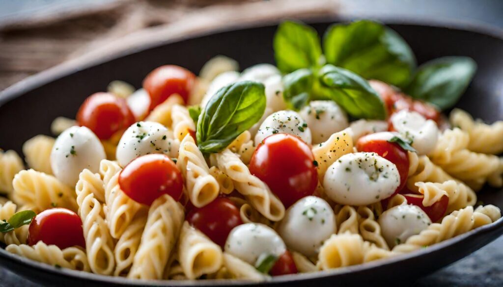 Caprese Inspired Tomato and Mozzarella Deviled Egg Pasta Salad